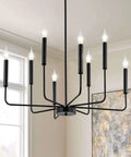 8-Light Modern Black Farmhouse Chandelier With Industrial Metal Arms And Candle-Style Cups, Sleek Rustic Vibe