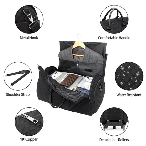 Black rolling carry-on garment bag with open compartments showing a gray suit and multiple travel items, featuring detachable rollers.