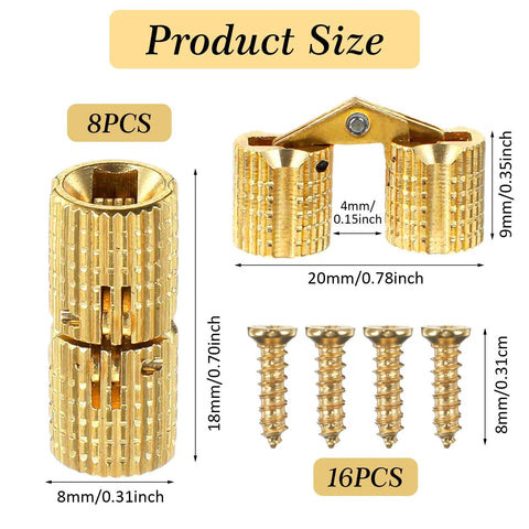 8 Pcs Solid Brass Barrel Hinges 18x8mm size chart with screws for Wooden Jewelry Boxes, Invisible Concealed 180 Degree Flush Mount Hardware Kit