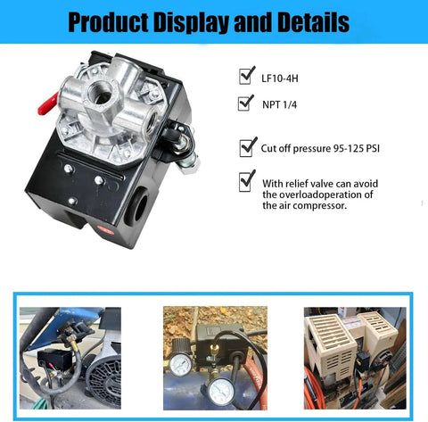 Pressure Switch For Air Compressors Replacement Parts Four Port Universal Pump Control Valve Twenty Amp 95 To 125 PSI Range LF10 4H Compatible Unloader Valve Connection One Quarter Inch NPT Female Fittings Plug And Play Install
