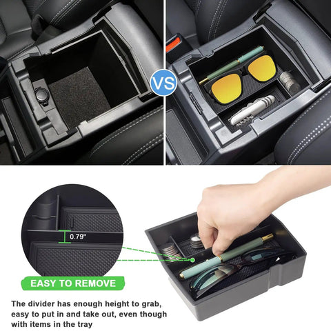 Upgraded Center Console Organizer Tray For Subaru Forester 2019 to 2024 showing organized items in armrest storage box