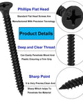 Close-up of Six Gauge Black Oxide Drywall And Wood Screws Kit With 215 Piece Assortment Phillips Drive Countersunk Self Tapping Screws