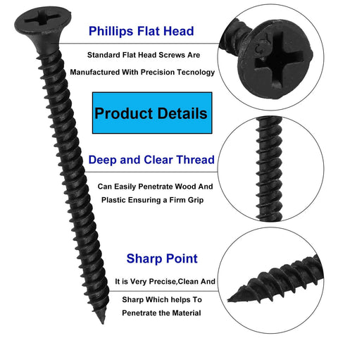 Close-up of Six Gauge Black Oxide Drywall And Wood Screws Kit With 215 Piece Assortment Phillips Drive Countersunk Self Tapping Screws