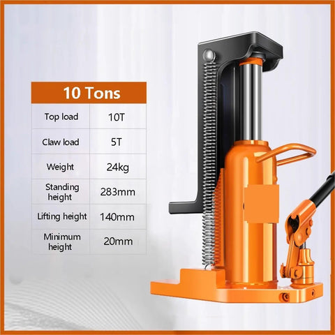 Heavy Duty Hydraulic Toe Jack 10 Ton Dual Lift System features specifications with lifting heights and weights for garage and workshop use.