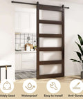 48x96 Inch Frosted Glass Barn Door With 8-Foot Sliding Hardware Included, showing 5-Panel Solid Wood Door in brown with waterproof PVC finish.