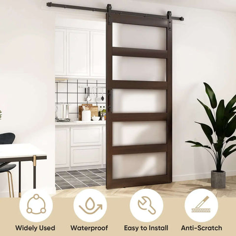 48x96 Inch Frosted Glass Barn Door With 8-Foot Sliding Hardware Included, showing 5-Panel Solid Wood Door in brown with waterproof PVC finish.