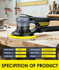 Random Orbital Sander With 360W Brushless Motor 150mm Backing Plate 6 Variable Speeds Up To 10000 RPM on wooden surface