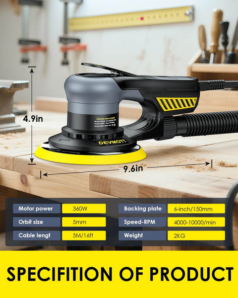 Random Orbital Sander With 360W Brushless Motor 150mm Backing Plate 6 Variable Speeds Up To 10000 RPM on wooden surface