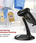 Wired Barcode Scanner With Adjustable Stand And Auto Sensor 1D USB Laser Scanner for stores with freestanding base in use.