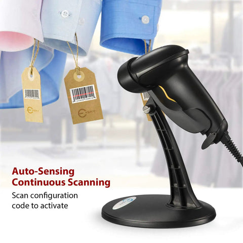 Wired Barcode Scanner With Adjustable Stand And Auto Sensor 1D USB Laser Scanner for stores with freestanding base in use.