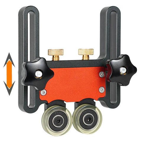 Two Piece Adjustable Table Saw Stock Guides Featuring Slick Aluminum Brackets And Dead On Urethane Rollers showing black and orange adjustable roller system.
