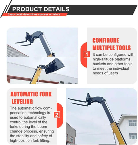 Product details of Top Shelf Heavy Duty Telehandler And Telescopic Forklift showcasing fork leveling and multi-tool configuration.