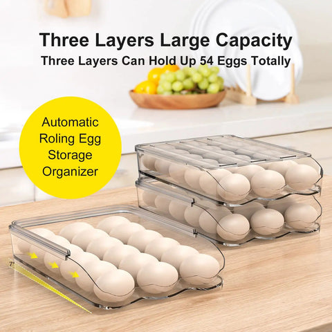 Auto Rolling 18 Egg Storage Container For Refrigerator With Lid Fridge Egg Organizer Bin 1 Layer Design Easy Access