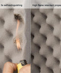 Close-up of Solid Acoustic Foam Panels For Room Noise Blocking Quick Rebound Soundproof Wall Tiles showing flame test for safety.