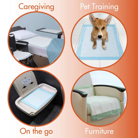 Ultra Dry Quick Change Underpads 30 By 36 Inches 100 Count super absorbent bed pads shown for caregiving, pet training, on-the-go, and protecting furniture.