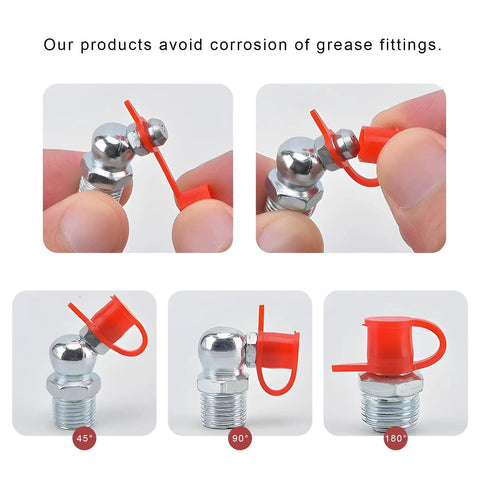 Close-up views of Grease Fitting Cap Kit For Cars Trucks And Motorcycles 150 PC M6 M8 M10 Zerk Cap with retaining ring