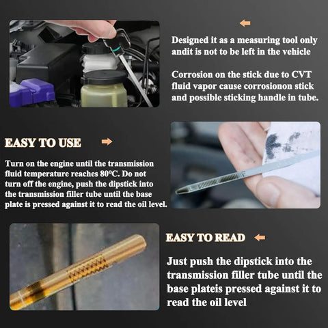 CVT Transmission Oil Level Dipstick Gauge Replacement Kit For Nissan Altima 2007-2023, Rogue 2013-2023, Maxima Murano 2006-2023 2.5L Direct Fit Oil Dipstick Assembly 31086-JA00A instructions and usage close-up images