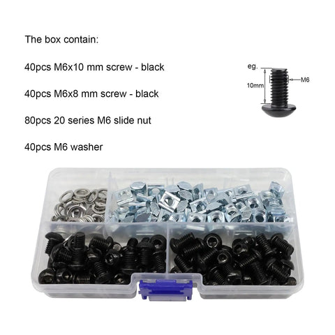 All In One Aluminum 2020 T Slot Hardware Set With M6x8 And M6x10 Screws M6 Nuts And Washers For 2020 2040 20 Series Extrusions
