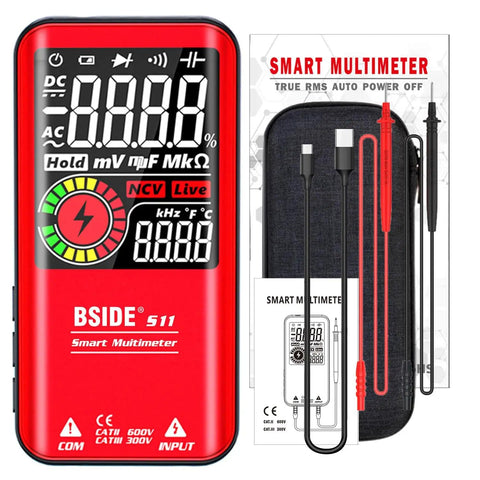 Color LCD Digital Multimeter With 3 Display 9999 Counts Auto Ranging Ohmmeter Rechargeable against packaging and probes