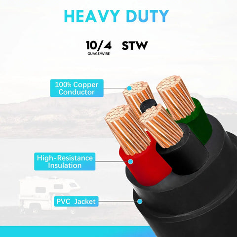 Close-up of RV Distribution Adapter 50 Amp To 20 Amp 110V with copper conductors and PVC jacket