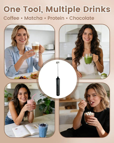 Electric Handheld Milk Frother Wand With Stand, 3 Speed Controls For Creamy Foam In Under 10 Seconds, Black shown in use making drinks