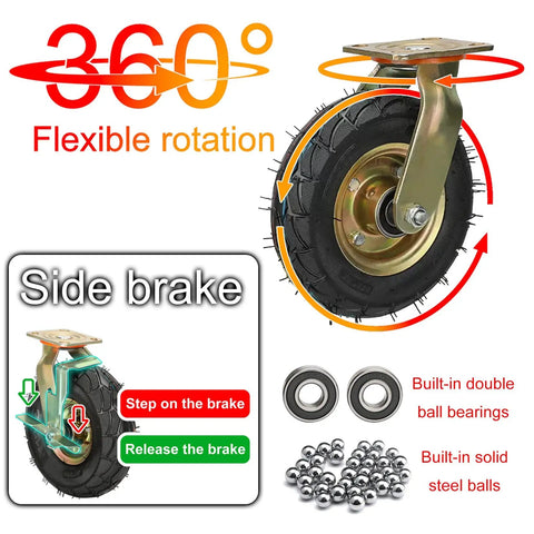 Built Ridiculously Tough Heavy Duty Pneumatic Caster Wheels 8 Inch 10 Inch with swivel and side brake for outdoor use.