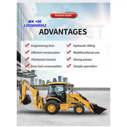 Towable Backhoe Loader With Front End Loader And Excavator Capabilities displayed with features list and city background.