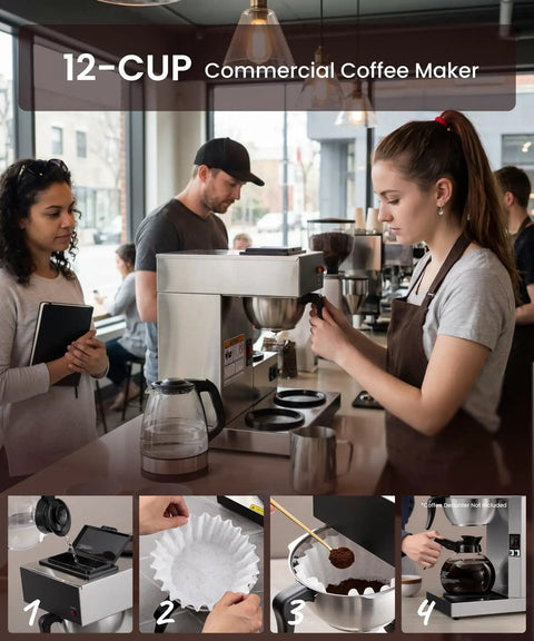 Heavy Duty 12 Cup Pour Over Coffee Maker With Three Lower Warmers Stainless Steel Commercial Brewer For Offices And Cafes Plug And Play Operation Glass Carafe Not Included in a cafe setting