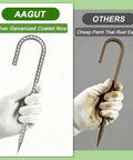 Comparison between Tough As Nails Heavy Duty 12 Inch J Hook Rebar Stakes and a rusted alternative, both held in gloved hands.