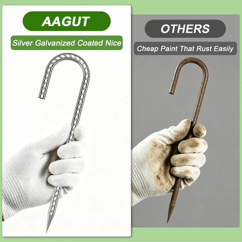 Comparison between Tough As Nails Heavy Duty 12 Inch J Hook Rebar Stakes and a rusted alternative, both held in gloved hands.