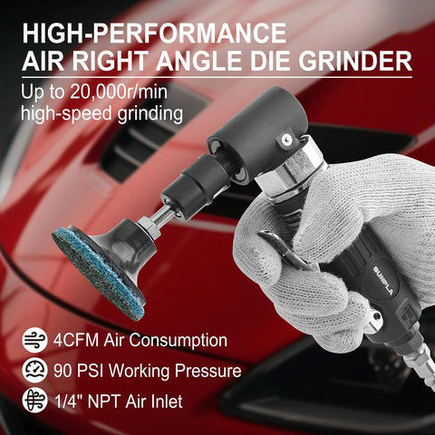 Gunpla 1/4-inch angle air die grinder with 90° head and sanding disc on car body