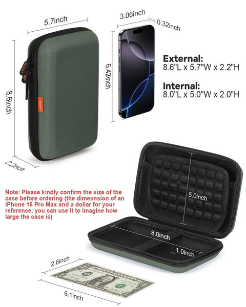 Dope Large Army Green Hard Shell Electronic Organizer Case Portable Travel Gear Bag With Carabiner Clip for Backpacks or Briefcase, dimensions 8.6"L x 5.7"W x 2.2"H.