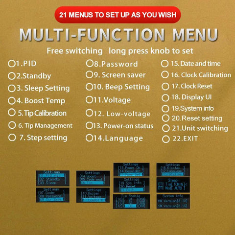 Multi-function menu of Cordless Soldering Station With T12 Handle Fits Milwaukee 18V 20V Battery Includes 5 Solder Tips