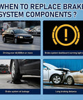 Four scenarios for replacing brake system components: driving over 60,000km, warning light, oil leakage, long braking.