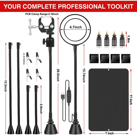 All In One Soldering Station With 5x Magnetic Magnifying Lamp and Heavy Duty Work Station with components and dimensions