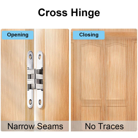 Hidden Door Hinge Set 6 Pieces, Invisible Cross Hinge 180 Degree Folding, Stainless Steel Zinc Alloy Bearings Built To Last shown installed