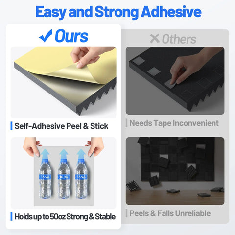 Comparison of Badass Sound Proof Foam Panels Self Adhesive Acoustic Wall Tiles showcasing strong adhesive and stability features.