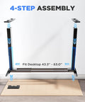 ZTTEN Dual Motor Electric Standing Desk Frame Heavy Duty Black Base shown in 4-step assembly process for desktops 43.3 to 63 inches.