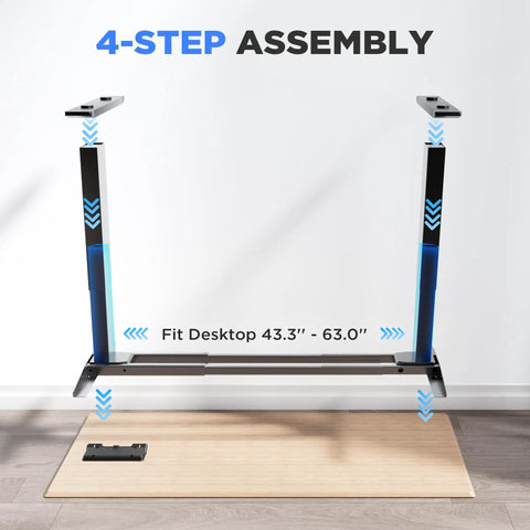 ZTTEN Dual Motor Electric Standing Desk Frame Heavy Duty Black Base shown in 4-step assembly process for desktops 43.3 to 63 inches.