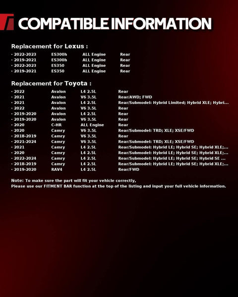 Compatibility chart for Two Pack Rear Wheel Bearing and Hub Assembly 512644 for Lexus ES350 ES300h and Toyota models.