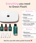 Green Flash Slim LED Nail Gel Kit With 24W Lamp And Complete Set Base Coat Top Coat Poppy Red Pink Polish Remover Clips Uv Light Ideal At Home Mani Gift For Women displayed on a table. Includes LED lamp, polishes, remover, and clips.