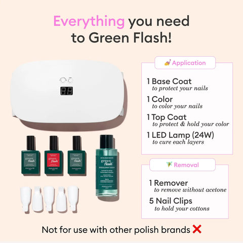 Green Flash Slim LED Nail Gel Kit With 24W Lamp And Complete Set Base Coat Top Coat Poppy Red Pink Polish Remover Clips Uv Light Ideal At Home Mani Gift For Women displayed on a table. Includes LED lamp, polishes, remover, and clips.