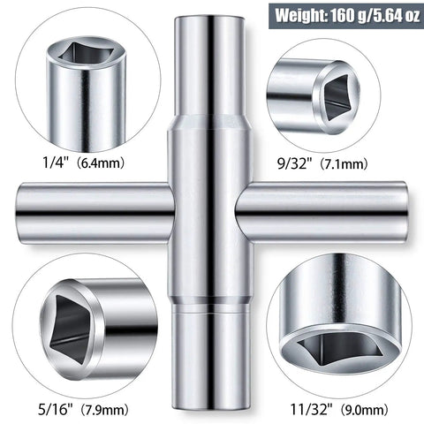 4 Way Sillcock Water Key Set 2 Pack Heavy Duty Steel Cross Wrench with 1/4, 9/32, 5/16, and 11/32 inch sizes