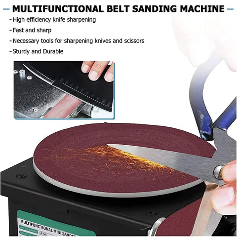 Heavy Duty Electric Belt Sander And Grinder With Variable Speed Control For Metal Wood Stone Work Includes Premium Polishing Kit, showing knife sharpening in action.