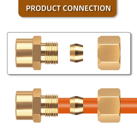 Front view of brass compression straight coupling adapter set; 1/4 in tube OD to 1/4 in NPT female, 6 pieces