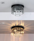 Two Tier Crystal Flush Mount Ceiling Light With Black Finish Real K9 Crystals Close To Ceiling Fixture For Living Room Bedroom Dining Room And Hallway Dope Modern Glam Look With Easy Install illuminated and unlit view