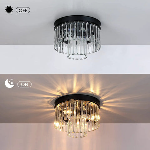 Two Tier Crystal Flush Mount Ceiling Light With Black Finish Real K9 Crystals Close To Ceiling Fixture For Living Room Bedroom Dining Room And Hallway Dope Modern Glam Look With Easy Install illuminated and unlit view