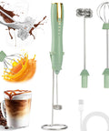 Rechargeable Milk Frother Wand With Stand USB C Handheld Mixer 2 Whisk Heads 3 Speeds Breezy Foam Easy Clean Perfect For Lattes Cappuccinos Matcha Hot Chocolate And Whisking Eggs in green with accessories and USB cable.