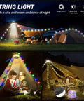 Two Pack Rechargeable Camping String Lights 32.8ft With 19 Lighting Modes illuminating tents and outdoor camping area at night