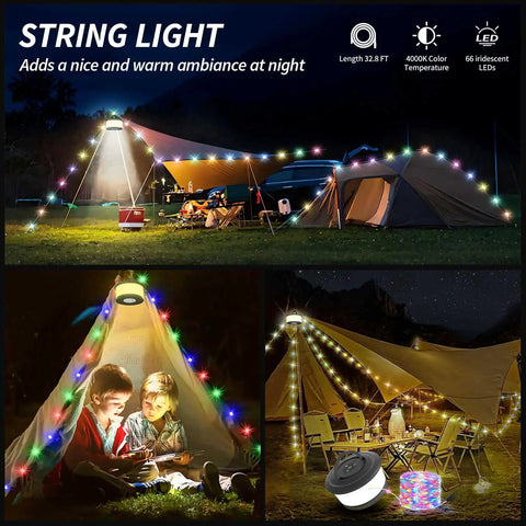 Two Pack Rechargeable Camping String Lights 32.8ft With 19 Lighting Modes illuminating tents and outdoor camping area at night
